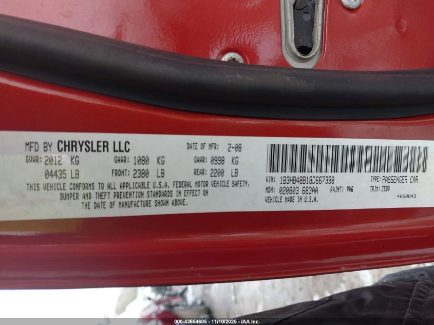 2008 Dodge Caliber Sxt VIN: 1B3HB48B18D667398 Lot: 43654605