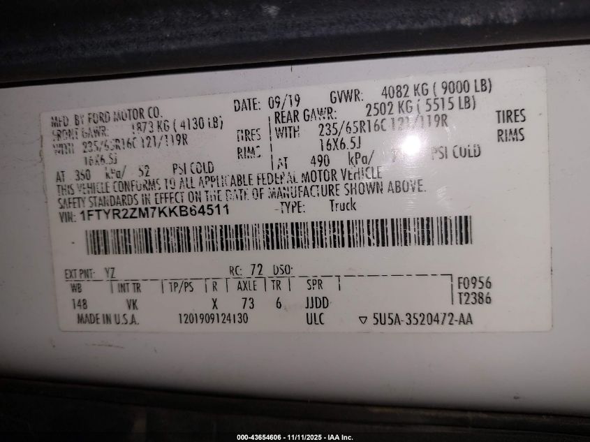 2019 Ford Transit-250 VIN: 1FTYR2ZM7KKB64511 Lot: 43654606