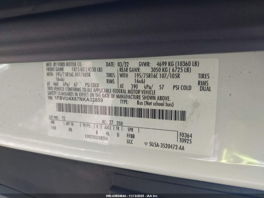 2022 Ford Transit-350 Passenger Van Xl VIN: 1FBVU4X87NKA32859 Lot: 43654644