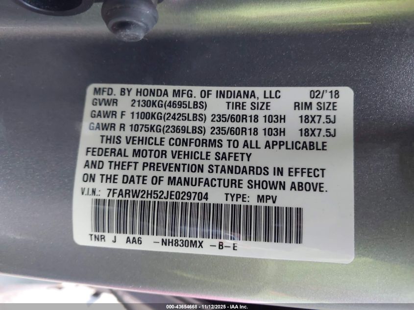 2018 Honda Cr-V Ex VIN: 7FARW2H52JE029704 Lot: 43654668