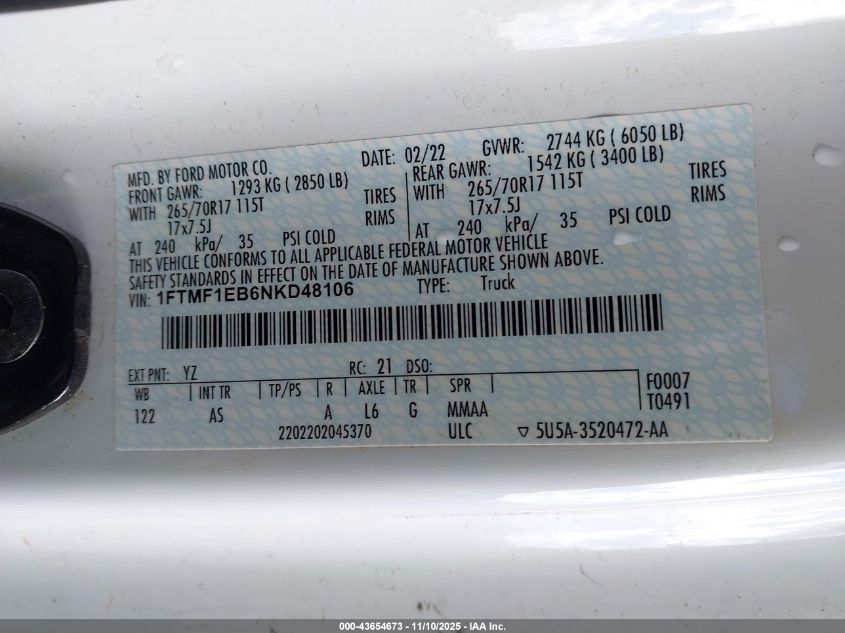 2022 Ford F-150 Xl VIN: 1FTMF1EB6NKD48106 Lot: 43654673