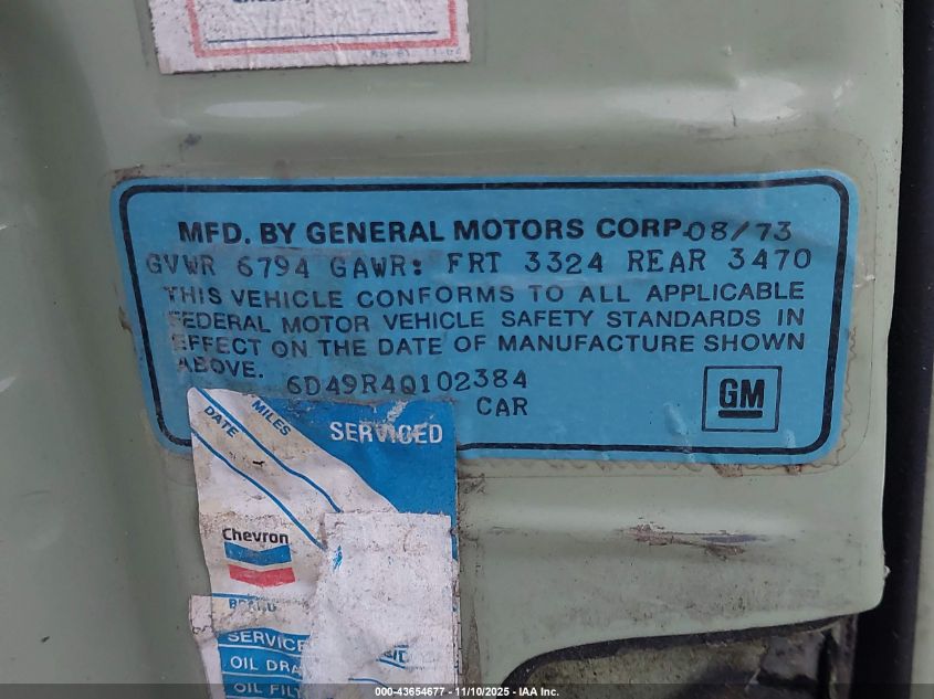 1974 Cadillac Deville VIN: 6D49R4Q102384 Lot: 43654677