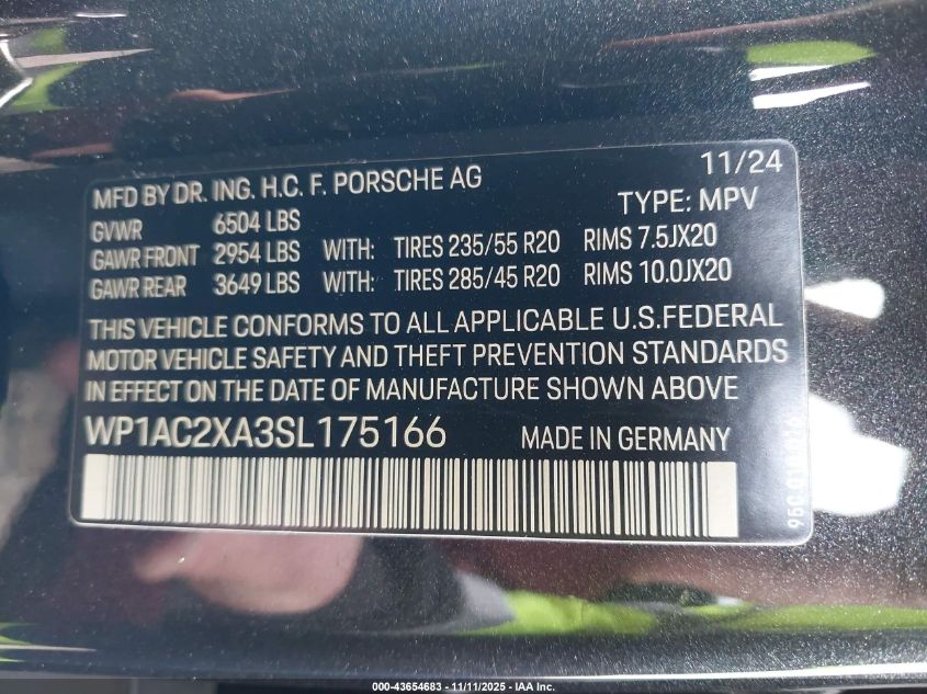 2025 Porsche Macan Electric Turbo VIN: WP1AC2XA3SL175166 Lot: 43654683