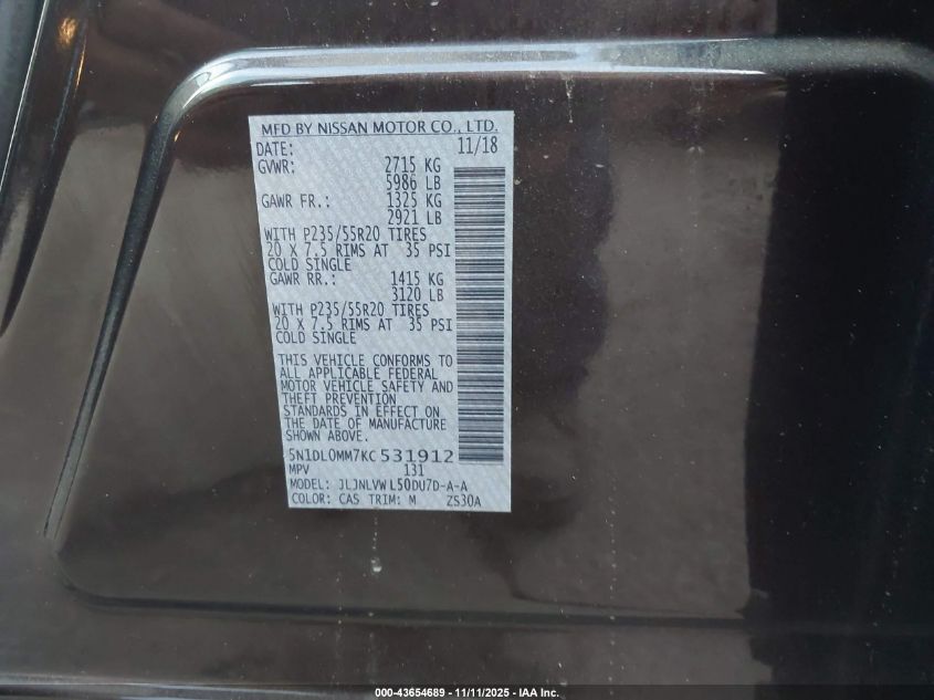 2019 Infiniti Qx60 Luxe VIN: 5N1DL0MM7KC531912 Lot: 43654689