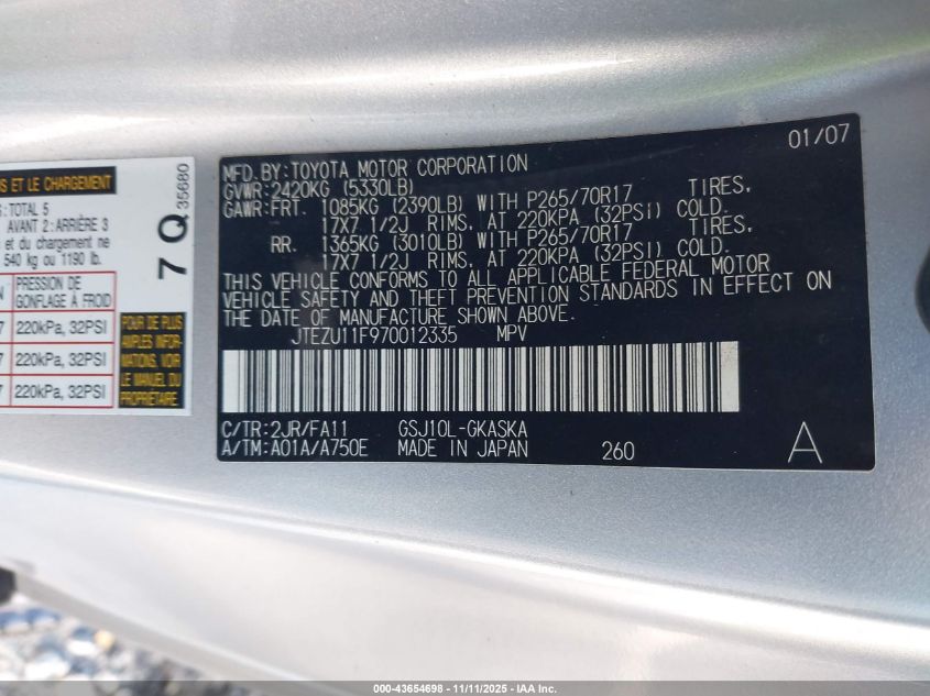 2007 Toyota Fj Cruiser VIN: JTEZU11F970012335 Lot: 43654698