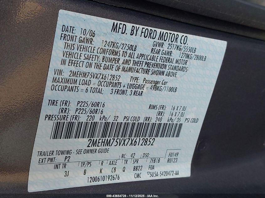 2007 Mercury Grand Marquis Ls VIN: 2MEHM75VX7X612852 Lot: 43654728