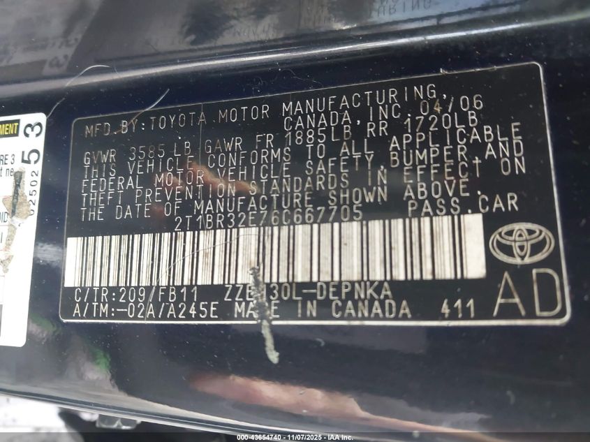 2006 Toyota Corolla Le VIN: 2T1BR32E76C667705 Lot: 43654740