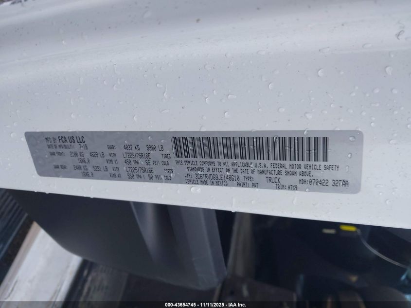 2018 Ram Promaster 2500 High Roof 159 Wb VIN: 3C6TRVDG9JE148610 Lot: 43654745