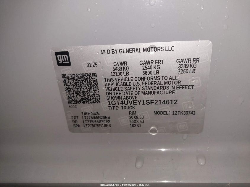 2025 GMC Sierra 3500Hd 4Wd Standard Bed At4 VIN: 1GT4UVEY1SF214612 Lot: 43654769