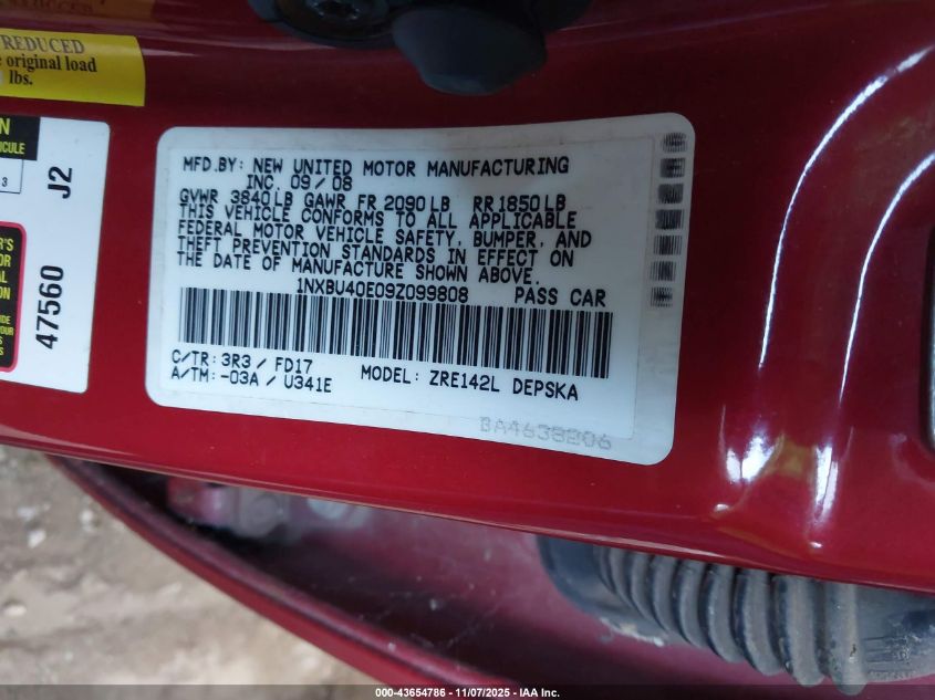 2009 Toyota Corolla S VIN: 1NXBU40E09Z099808 Lot: 43654786