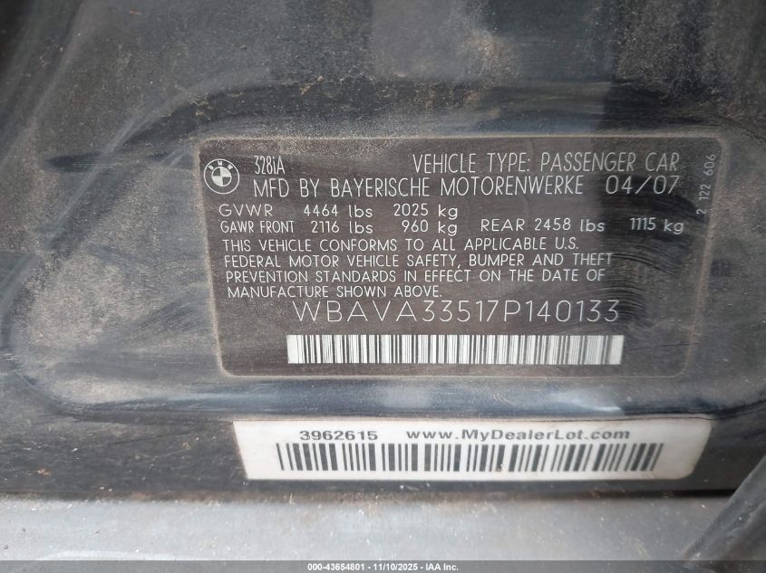 2007 BMW 328I VIN: WBAVA33517P140133 Lot: 43654801