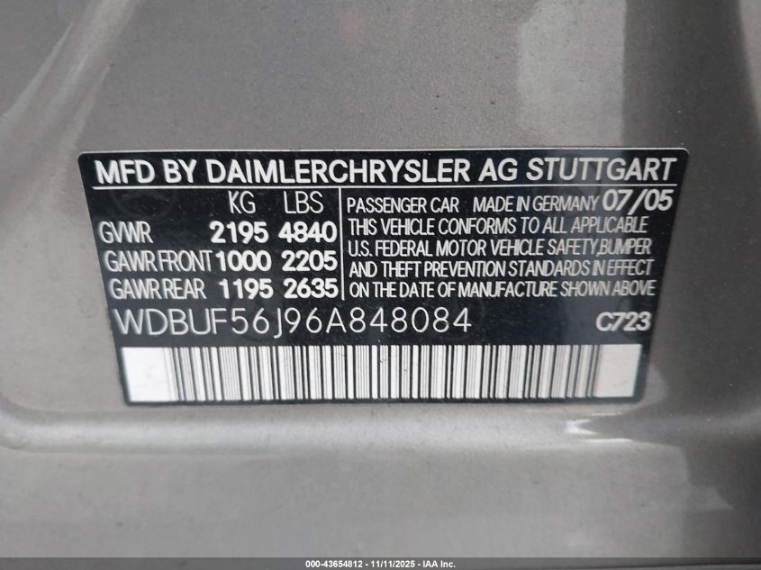 2006 Mercedes-Benz E 350 VIN: WDBUF56J96A848084 Lot: 43654812