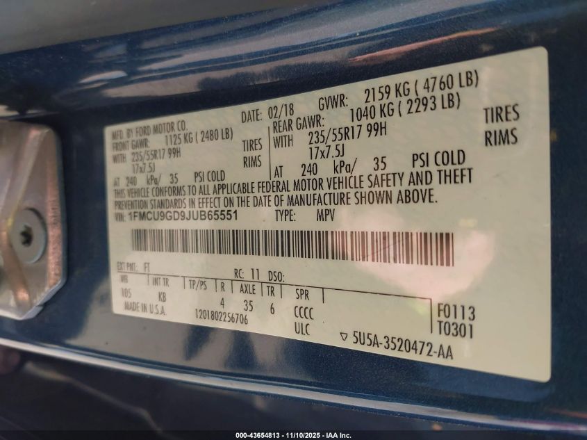 2018 Ford Escape Se VIN: 1FMCU9GD9JUB65551 Lot: 43654813