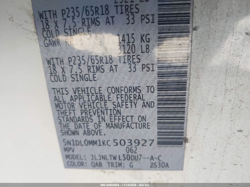 2019 Infiniti Qx60 Luxe VIN: 5N1DL0MM1KC503927 Lot: 43654854