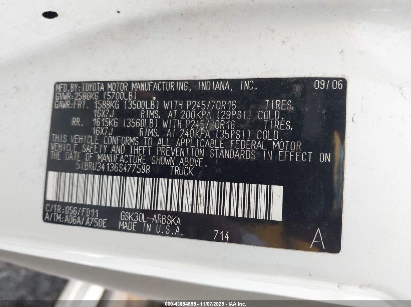 2006 Toyota Tundra Sr5 VIN: 5TBRU34136S477598 Lot: 43654855