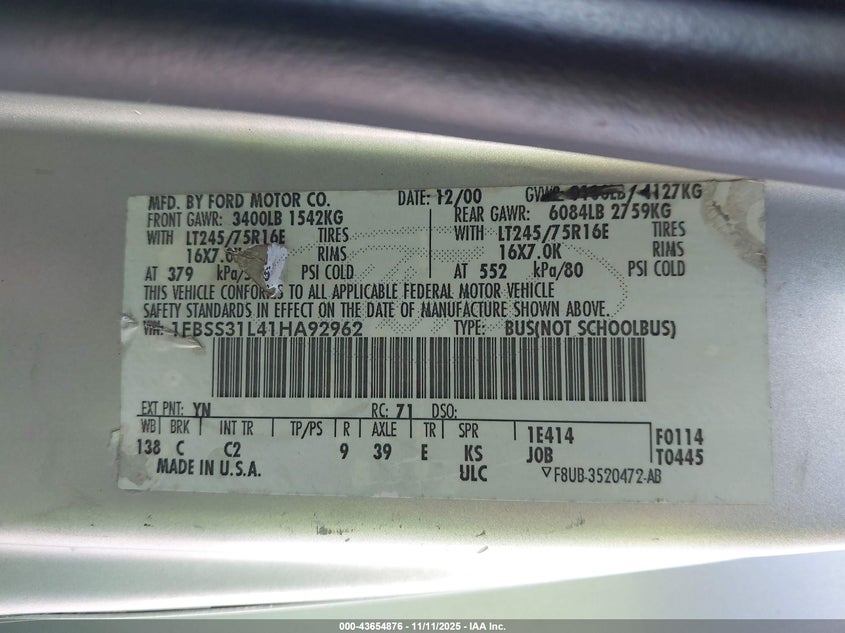 2001 Ford E-350 Super Duty Xl/Xlt VIN: 1FBSS31L41HA92962 Lot: 43654876