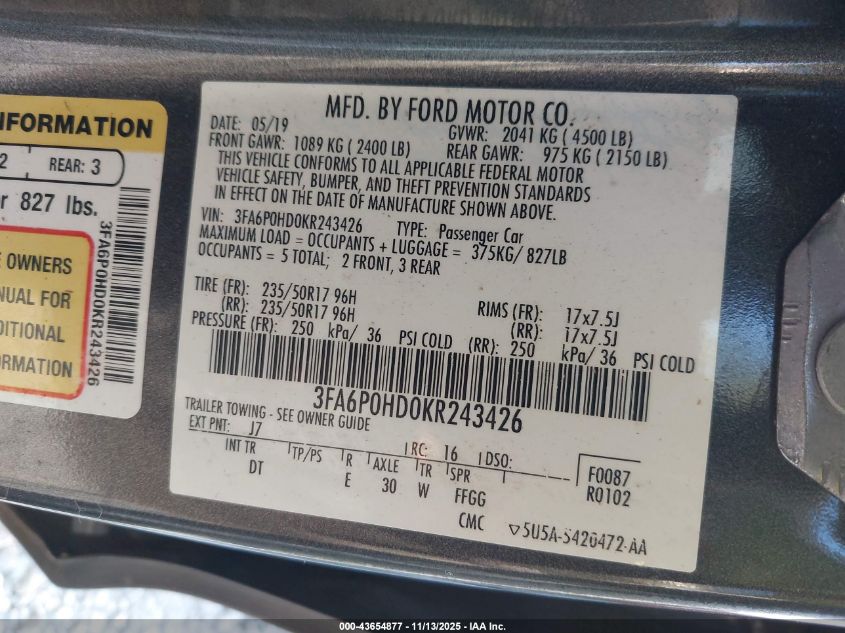 2019 Ford Fusion Se VIN: 3FA6P0HD0KR243426 Lot: 43654877