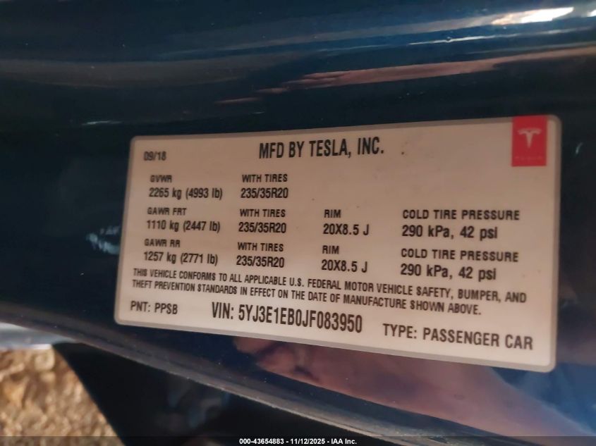 2018 Tesla Model 3 Long Range/Performance VIN: 5YJ3E1EB0JF083950 Lot: 43654883