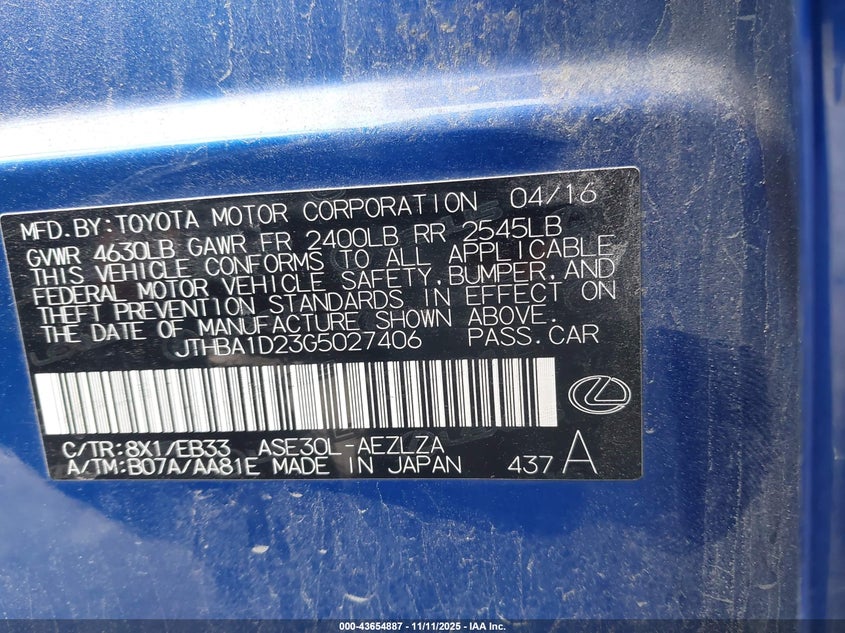 2016 Lexus Is 200T VIN: JTHBA1D23G5027406 Lot: 43654887