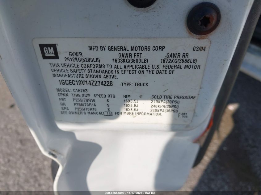 2004 Chevrolet Silverado 1500 VIN: 1GCEC19V14Z274228 Lot: 43654899