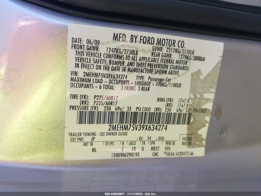 2009 Mercury Grand Marquis Ls (Fleet Only) VIN: 2MEHM75V39X634274 Lot: 43654907