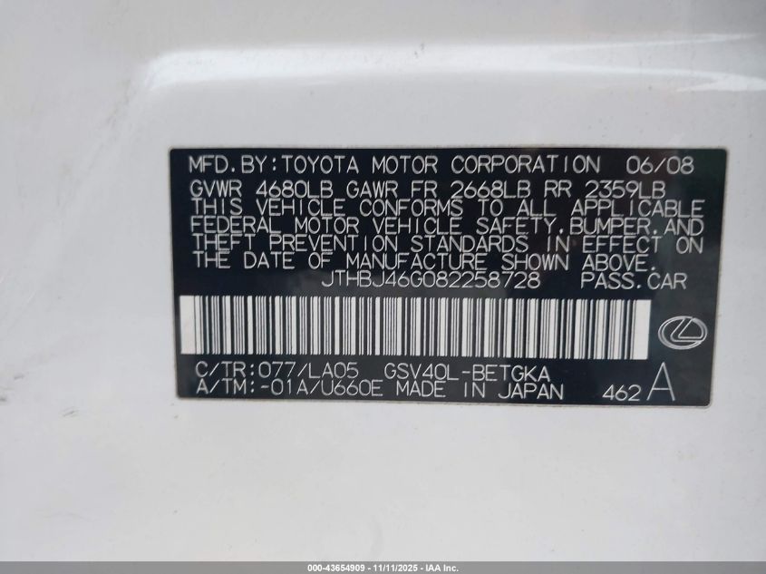 2008 Lexus Es 350 VIN: JTHBJ46G082258728 Lot: 43654909