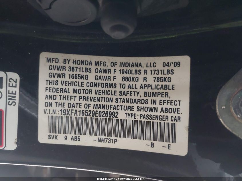 2009 Honda Civic Lx VIN: 19XFA16529E026992 Lot: 43654913