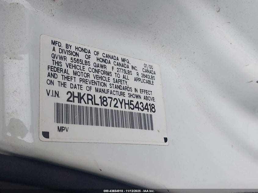 2000 Honda Odyssey Ex VIN: 2HKRL1872YH543418 Lot: 43654918