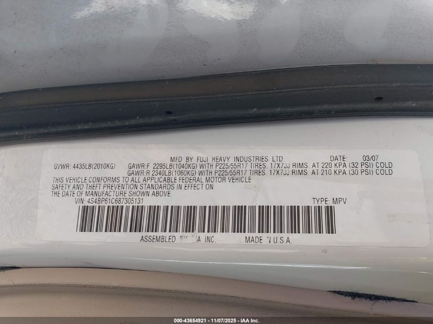 2008 Subaru Outback 2.5I/2.5I L.l. Bean Edition VIN: 4S4BP61C687305131 Lot: 43654921