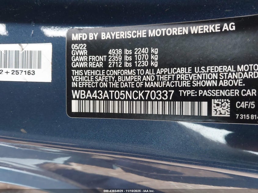 WBA43AT05NCK70337 2022 BMW 4ER photo no. 9