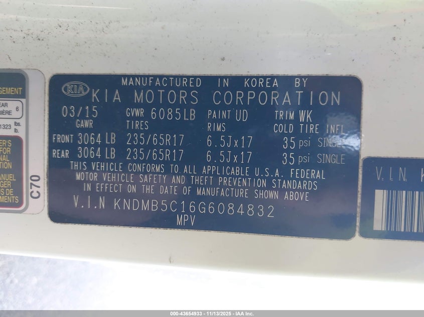 2016 Kia Sedona Lx VIN: KNDMB5C16G6084832 Lot: 43654933
