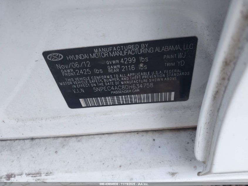 2013 Hyundai Sonata Limited VIN: 5NPEC4AC8DH634758 Lot: 43654936