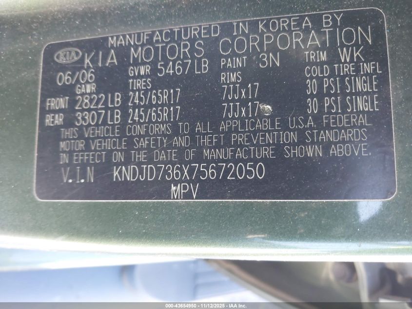 2007 Kia Sorento Lx VIN: KNDJD736X75672050 Lot: 43654950