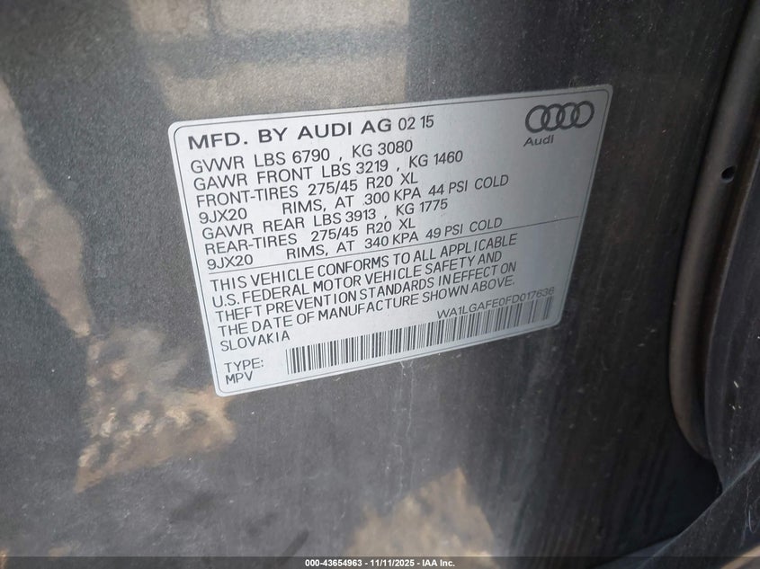2015 Audi Q7 3.0T Premium VIN: WA1LGAFE0FD017636 Lot: 43654963
