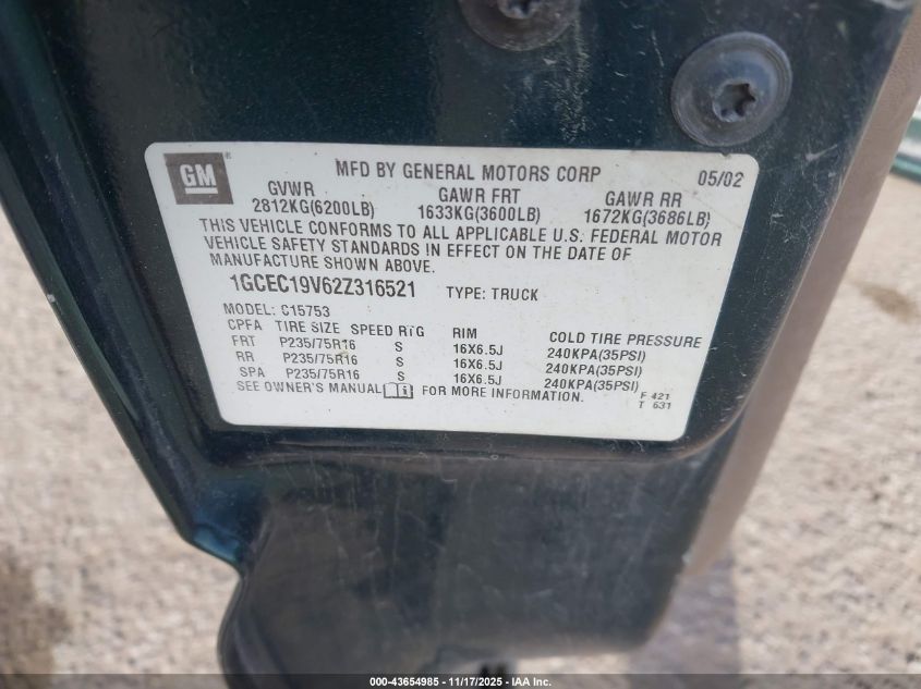 2002 Chevrolet Silverado 1500 VIN: 1GCEC19V62Z316521 Lot: 43654985