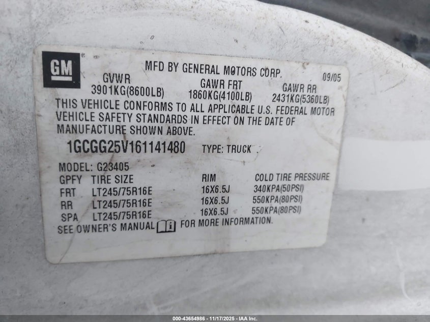 2006 Chevrolet Express Work Van VIN: 1GCGG25V161141480 Lot: 43654986