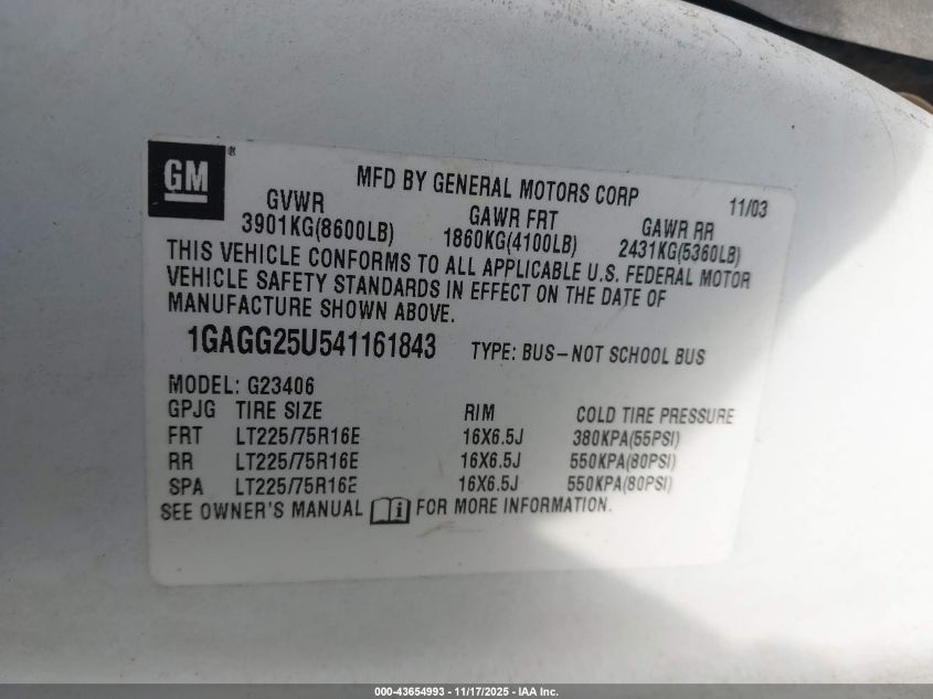 2004 Chevrolet Express VIN: 1GAGG25U541161843 Lot: 43654993