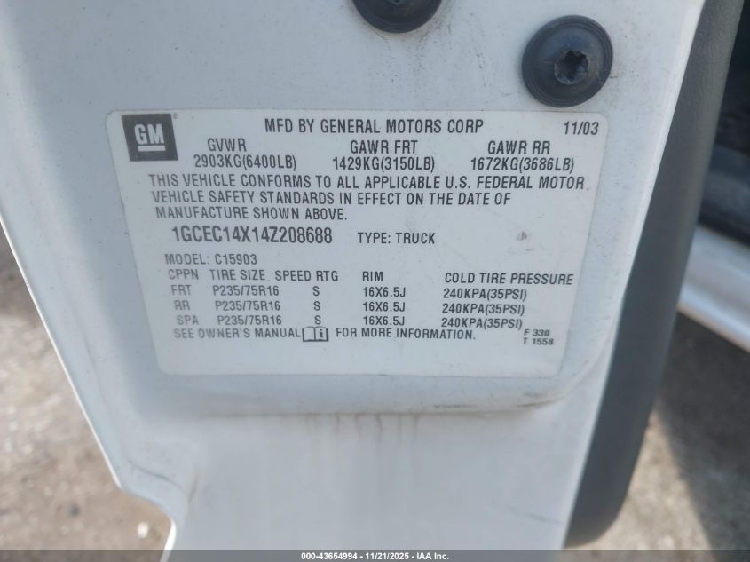 2004 Chevrolet Silverado 1500 Work Truck VIN: 1GCEC14X14Z208688 Lot: 43654994