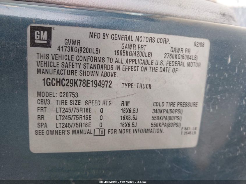 2008 Chevrolet Silverado 2500Hd Work Truck VIN: 1GCHC29K78E194972 Lot: 43654995