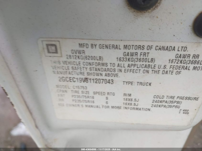 2001 Chevrolet Silverado 1500 Ls VIN: 2GCEC19V011207043 Lot: 43654998