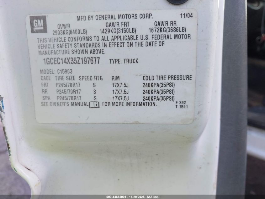 2005 Chevrolet Silverado 1500 Work Truck VIN: 1GCEC14X35Z197677 Lot: 43655001