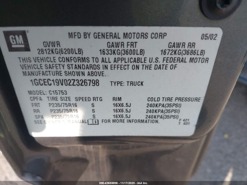 2002 Chevrolet Silverado 1500 VIN: 1GCEC19V02Z326798 Lot: 43655006