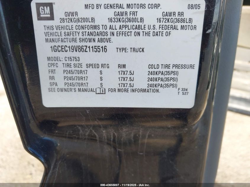 2006 Chevrolet Silverado 1500 Work Truck VIN: 1GCEC19V86Z115516 Lot: 43655007