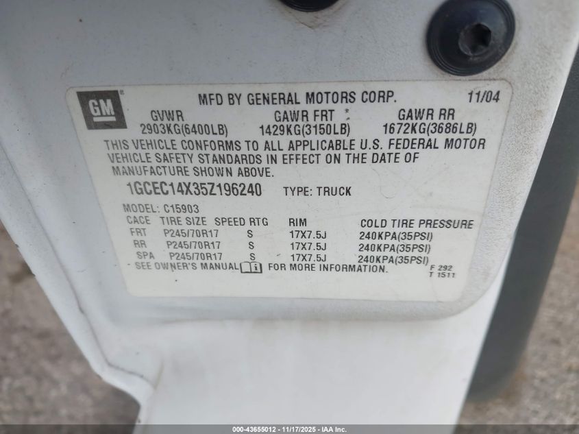 2005 Chevrolet Silverado 1500 Work Truck VIN: 1GCEC14X35Z196240 Lot: 43655012