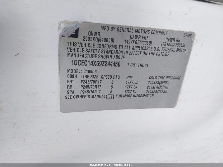 2009 Chevrolet Silverado 1500 Work Truck VIN: 1GCEC14X69Z244450 Lot: 43655013