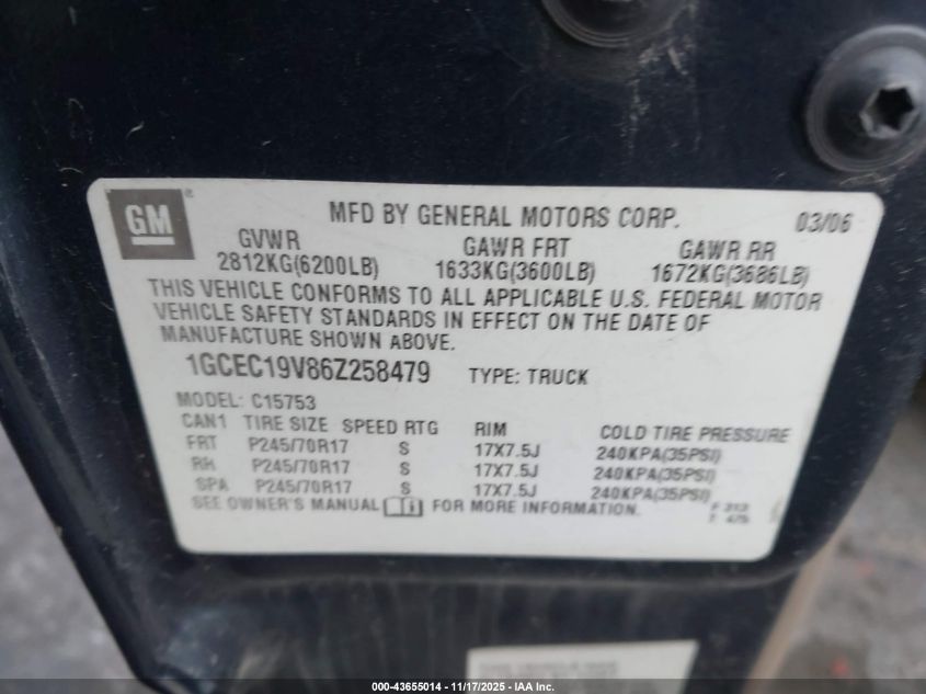 2006 Chevrolet Silverado 1500 Work Truck VIN: 1GCEC19V86Z258479 Lot: 43655014
