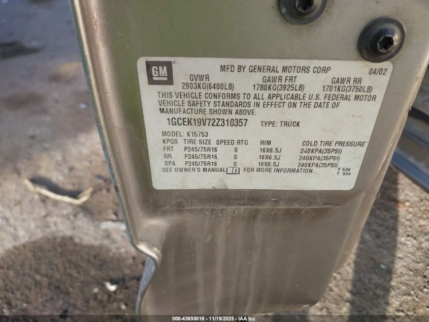 2002 Chevrolet Silverado 1500 VIN: 1GCEK19V72Z310357 Lot: 43655016