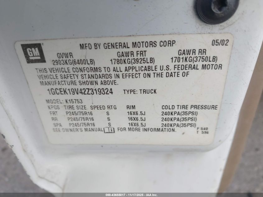 2002 Chevrolet Silverado 1500 VIN: 1GCEK19V42Z319324 Lot: 43655017