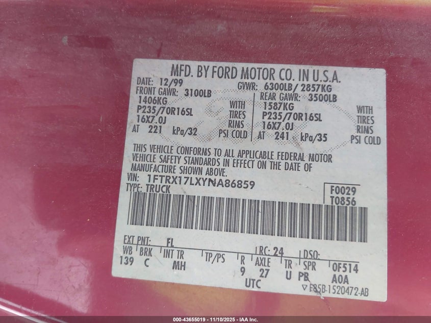 1FTRX17LXYNA86859 2000 FORD F-150 photo no. 9