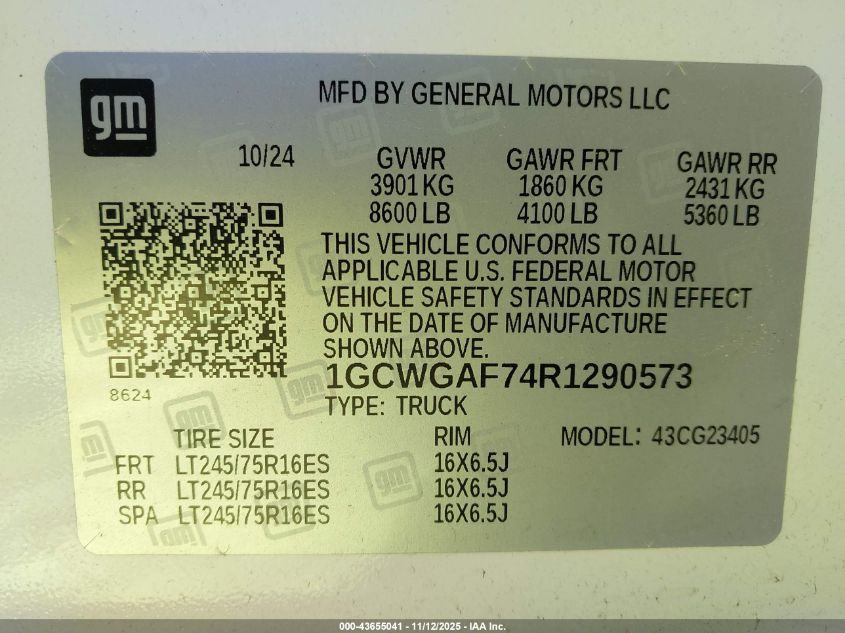 2024 Chevrolet Express Cargo Rwd 2500 Regular Wheelbase Wt VIN: 1GCWGAF74R1290573 Lot: 43655041